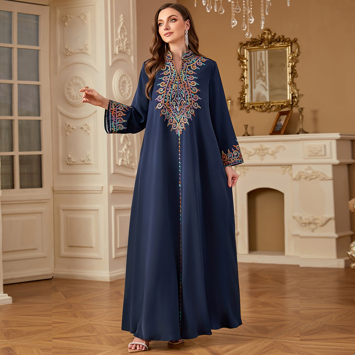 Middle Eastern Cross-border Long Robe Muslim Embroidered V-neck Dress Arabic Dubai Jalabiya Long Robe
