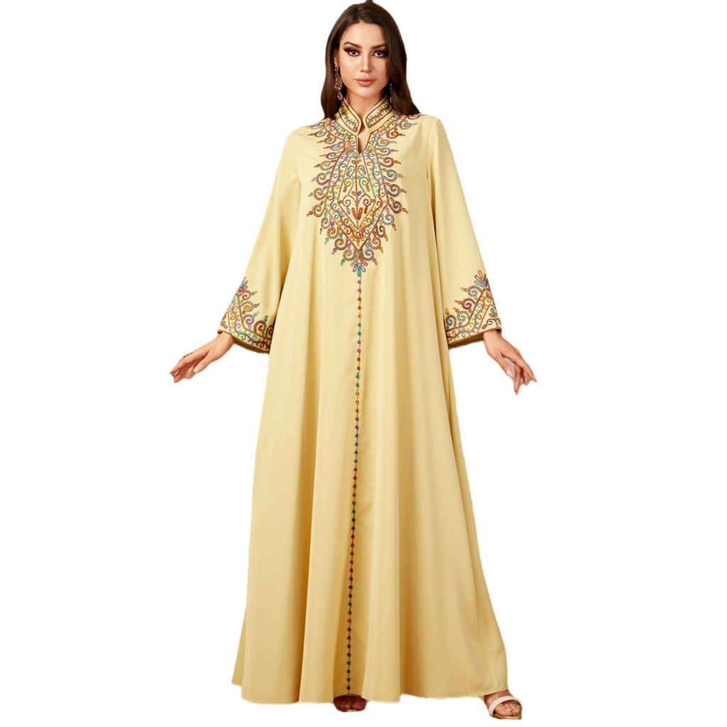 Middle Eastern Cross-border Long Robe Muslim Embroidered V-neck Dress Arabic Dubai Jalabiya Long Robe