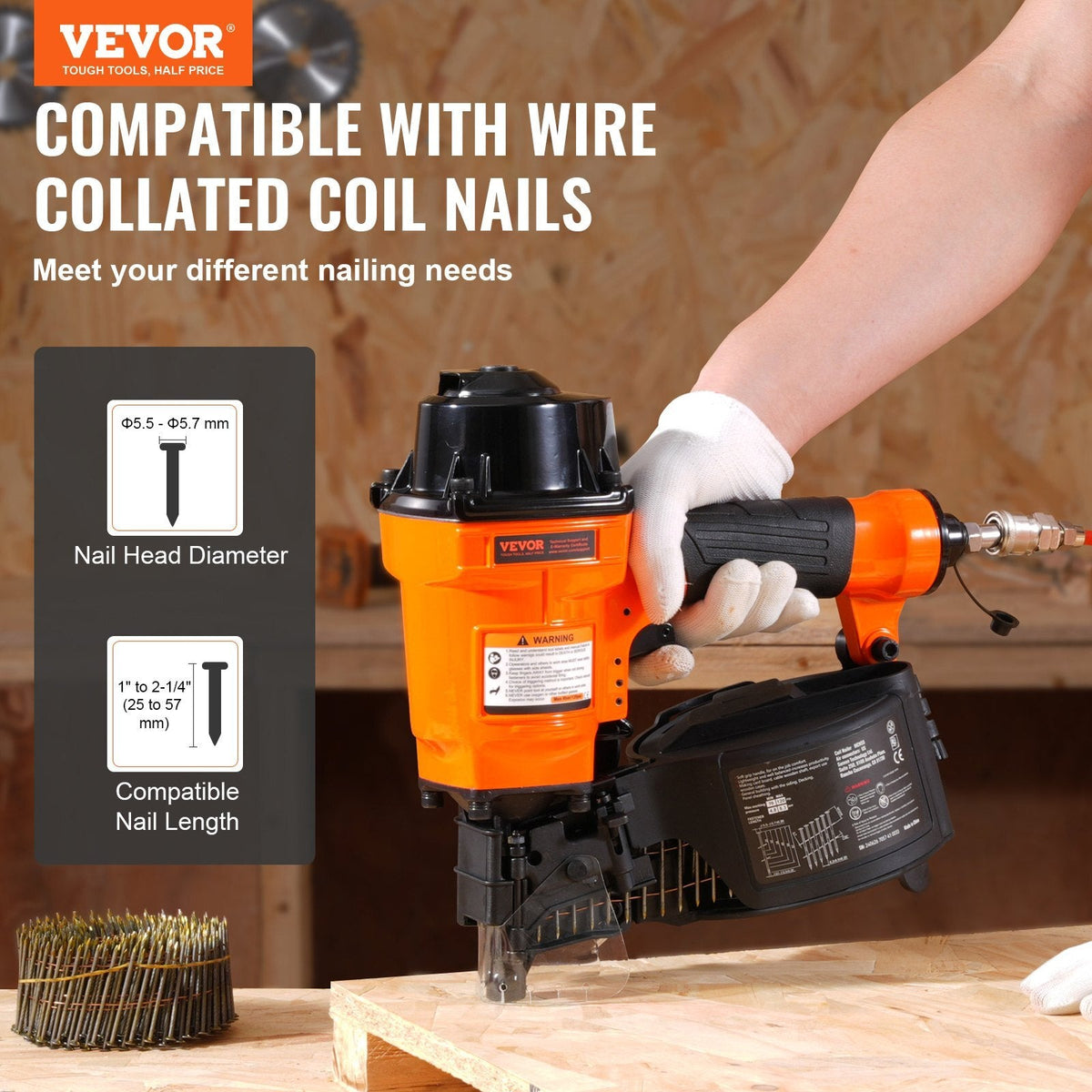 Coil Siding Nailer MCN55, 1 inch to 2-1/4 inch 15 Degree Pneumatic Siding Nail Gun, 70-120PSI Air Coil Nailer for Siding, Pallet Sheathing, Fencing, Decking