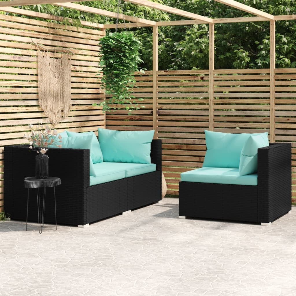 3 Piece Patio Lounge Set with Cushions Black Poly Rattan