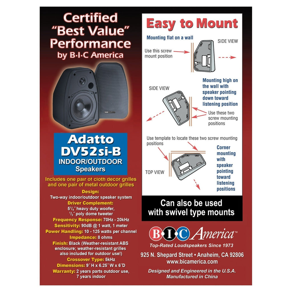 BIC America ADATTO DV52SI Adatto DV52si 5.25-In. Indoor/Outdoor Weather-Resistant Bookshelf Speakers, 125 Watts, Black