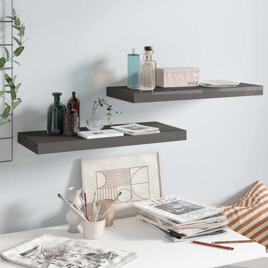 Floating Wall Shelves 2 pcs High Gloss Gray 23.6"x9.3"x1.5" MDF