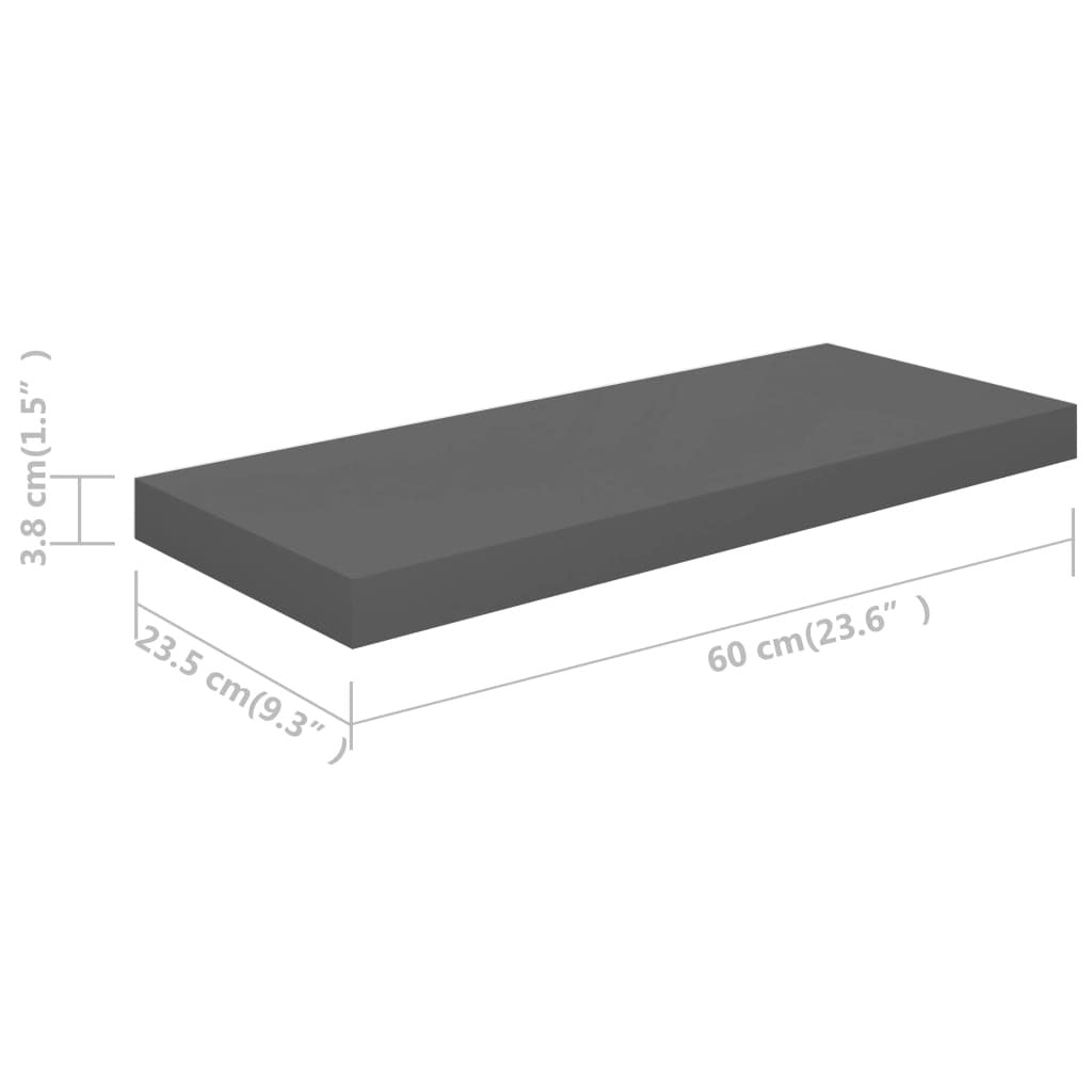 Floating Wall Shelves 2 pcs High Gloss Gray 23.6"x9.3"x1.5" MDF