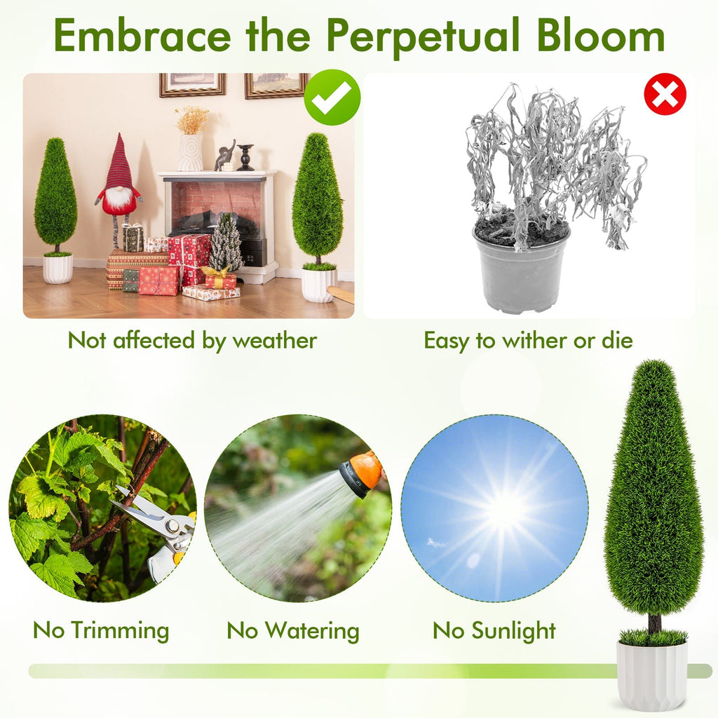 2 Pack 3 Feet Artificial Cedar Teardrop Shaped Bush with Plastic Nursery Pot-Green