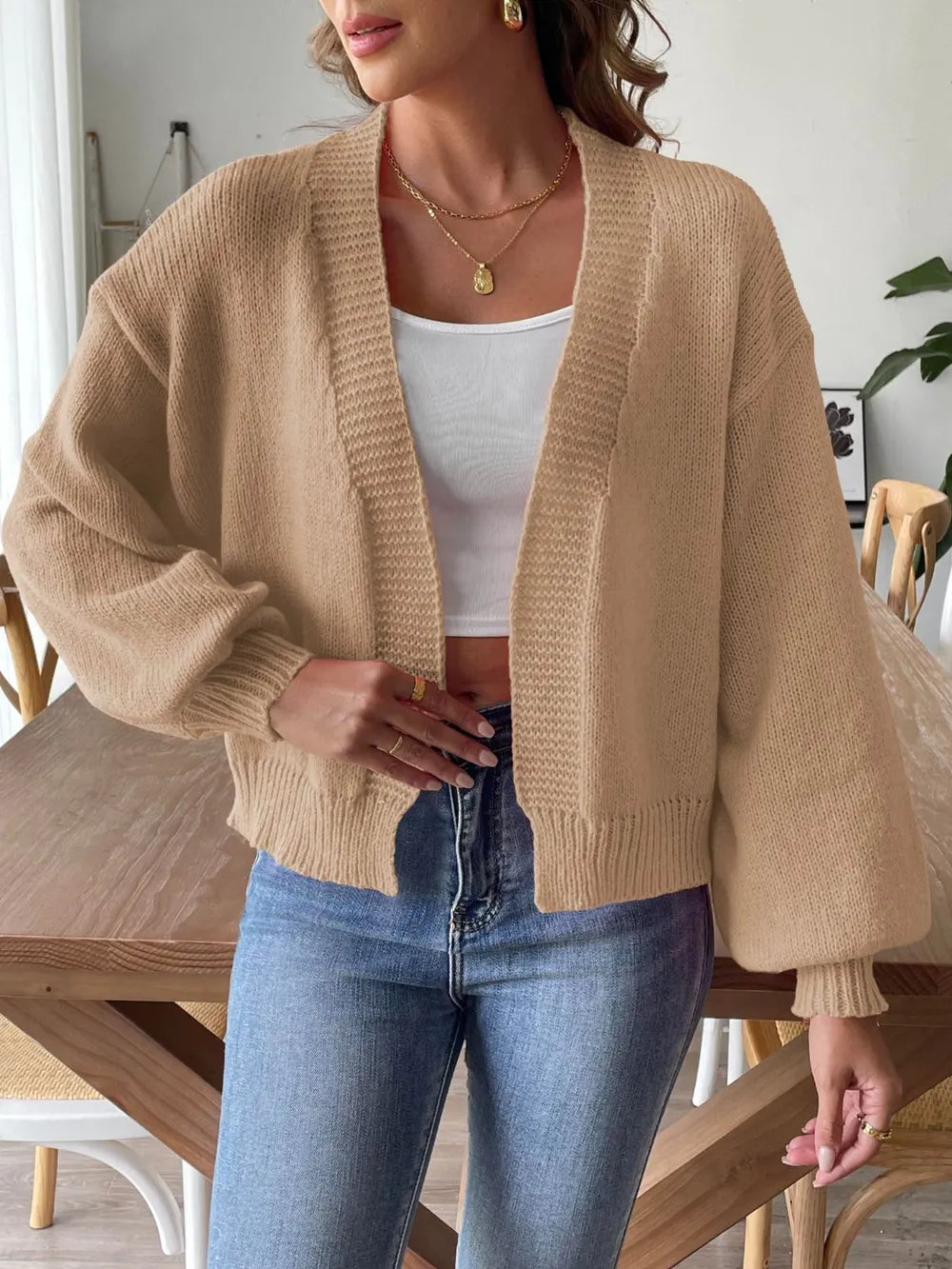 Autumn and winter lantern sleeve simple casual sweater jacket