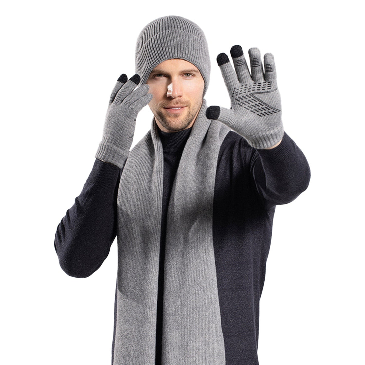 Winter Knitted Hat Scarf Gloves 3Pcs Winter Warm Beanie and Touch Screen Gloves Long Neck Scarf Set Knit Beanie Skull Cap Neck Warmer Anti-Slip Mitten