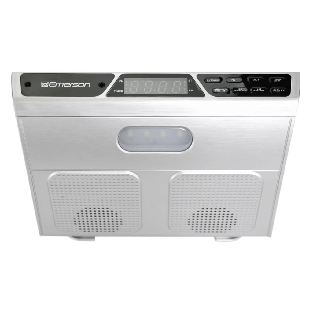 Emerson Under Cabinet FM Radio w Bluetooth, Station Memory and Clock with Timer