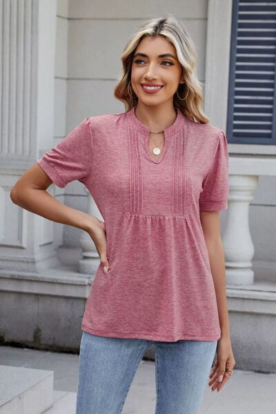 Notched Short Sleeve Solid Color Top