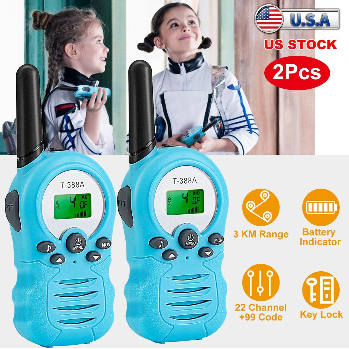 Kid Walkie Talkies 22 Channels 2 Way Radio Gift Toy Backlit LCD 3KMs Range Walky Talky Adventures Camping Hiking