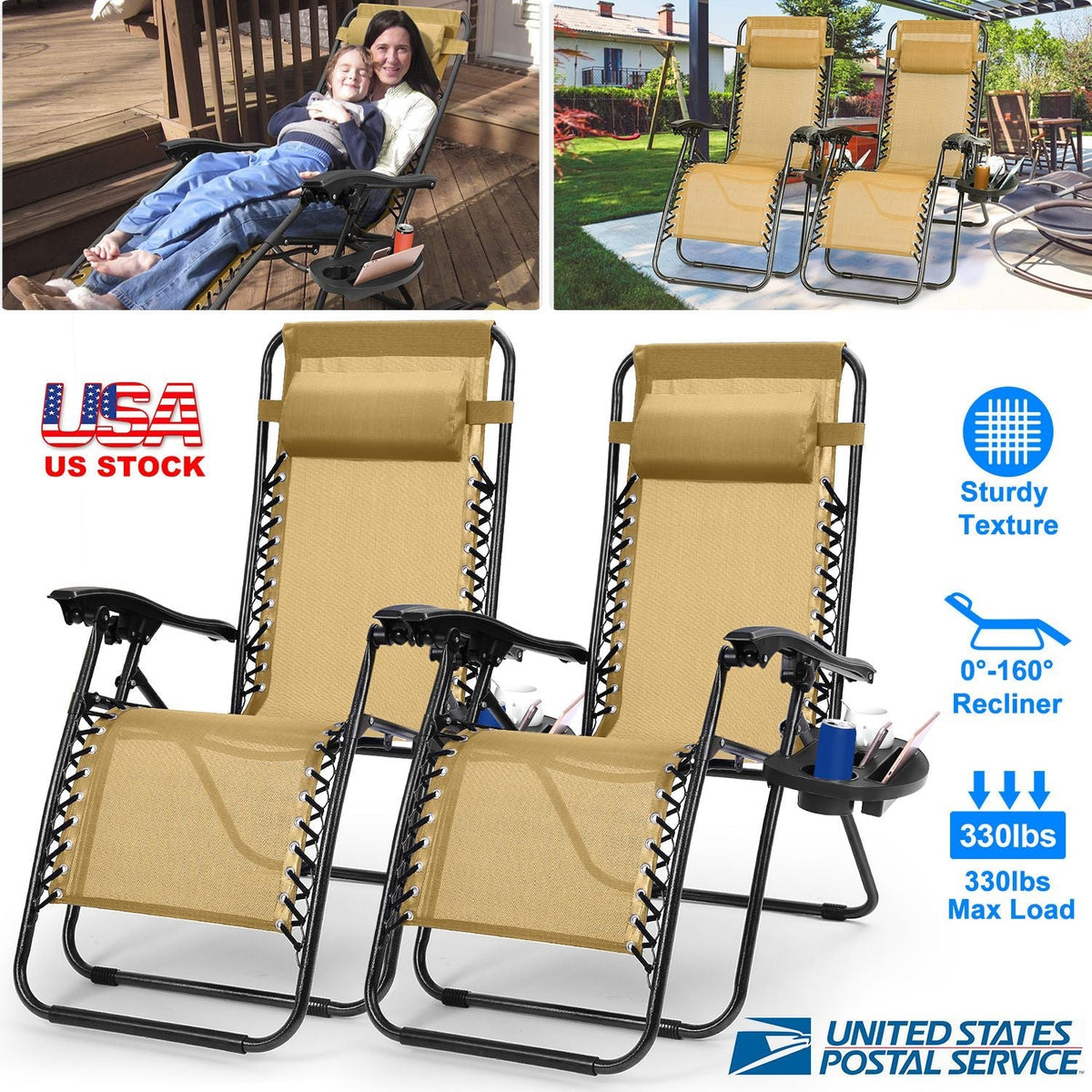 2Packs Zero Gravity Lounge Chair w/ Dual Side Tray 330lbs Load Foldable Recliner Chair w/ Stress Relief Pillow Patio Poolside Beach Lying Chair