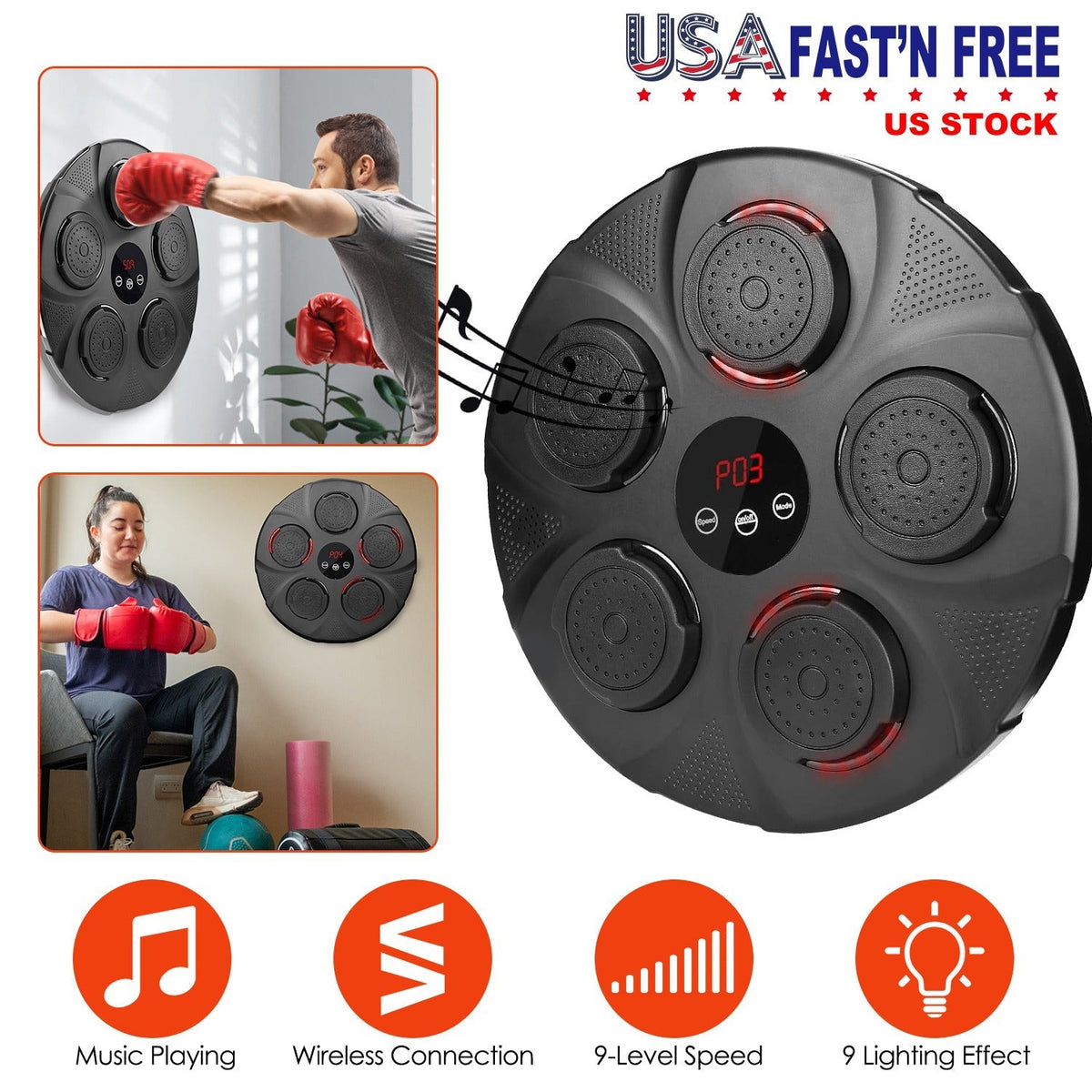 Music Boxing Machine Electronic Wall Target Punching Pad LED Lighted Sandbag Boxing Training Machine Exercise Equipment with Adult Boxing Gloves