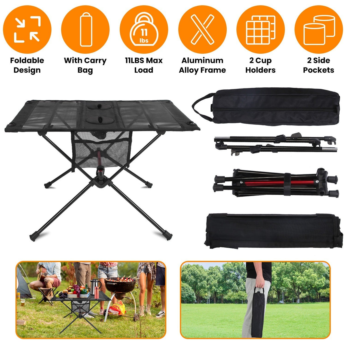 Portable Folding Camping Table Foldable Beach Table Aluminum Alloy Frame with 2 Cup Holders 2 Side Pockets Carry Bag for Picnic Camping Hiking Beach B