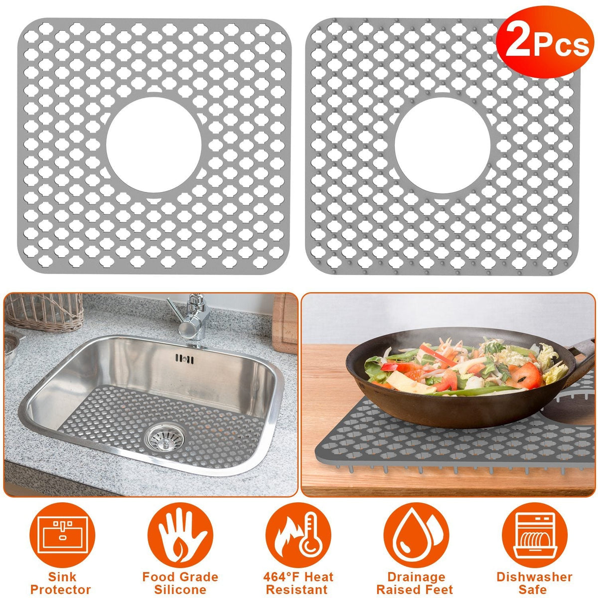 2Pcs Silicone Grid Sink Mat with Central Drain Hole 11.61x13.58Inch Non-Slip Kitchen Stainless Steel Sink Protector Dishwasher Safe