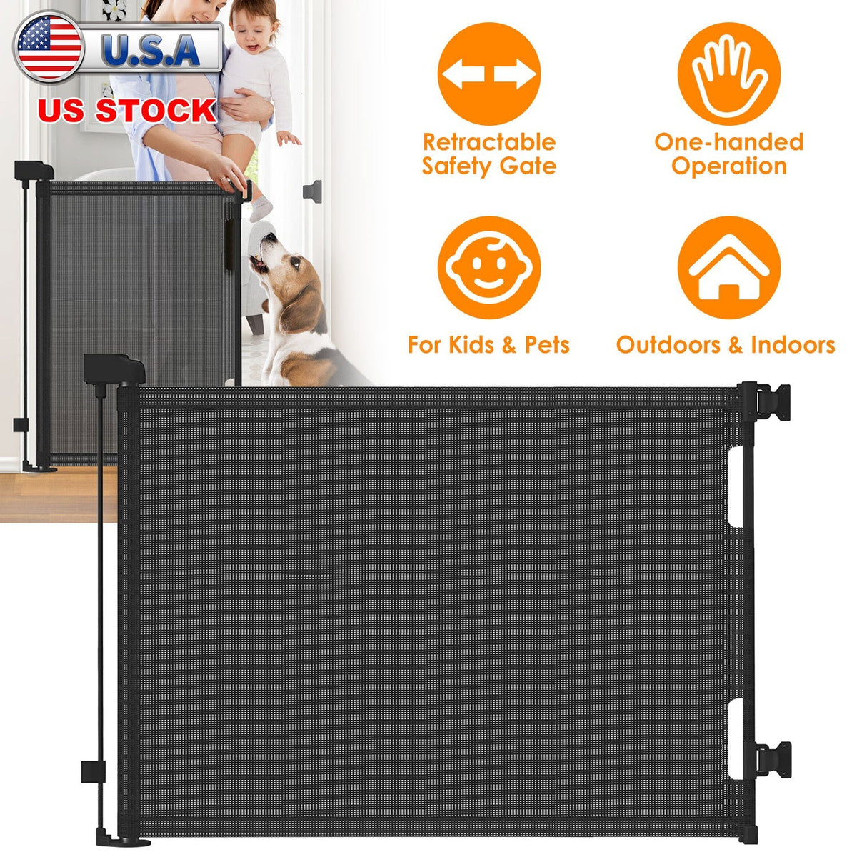 Baby Security Gate Retractable Door Extra Wide Child Safety Stairs Gate 61x34in for Doorway Hallway Indoor Outdoor
