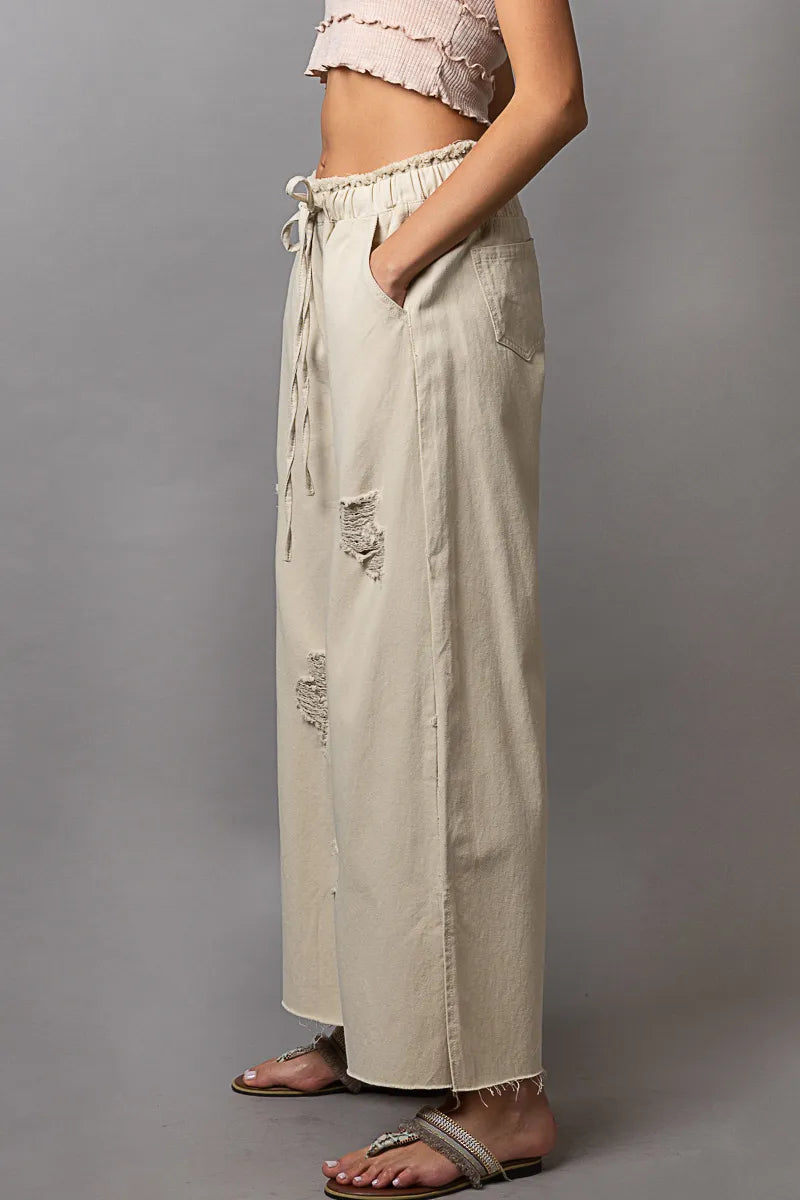POL Distressed Drawstring Slit Wide leg Pants