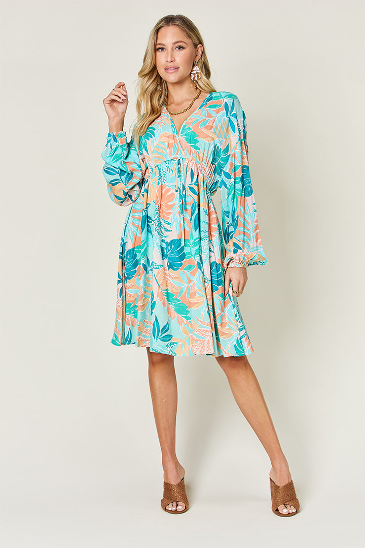 Printed Drawstring V-Neck Dress