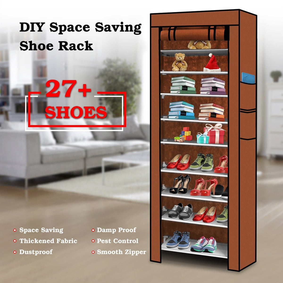 iMounTEK 10 Tiers DIY Shoe Cabinet Dustproof Easy Assemble Tidy Shoe Rack Non-Woven Fabric Holding 27 Pair Shoes Brown