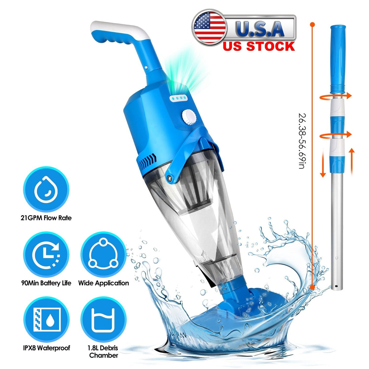 21GPM Cordless Pool Vacuum With Telescopic Pole Rechargeable Swimming Pool Cleaner with 1.8L Debris Chamber 90Mins Battery Life for In-ground Above-gr