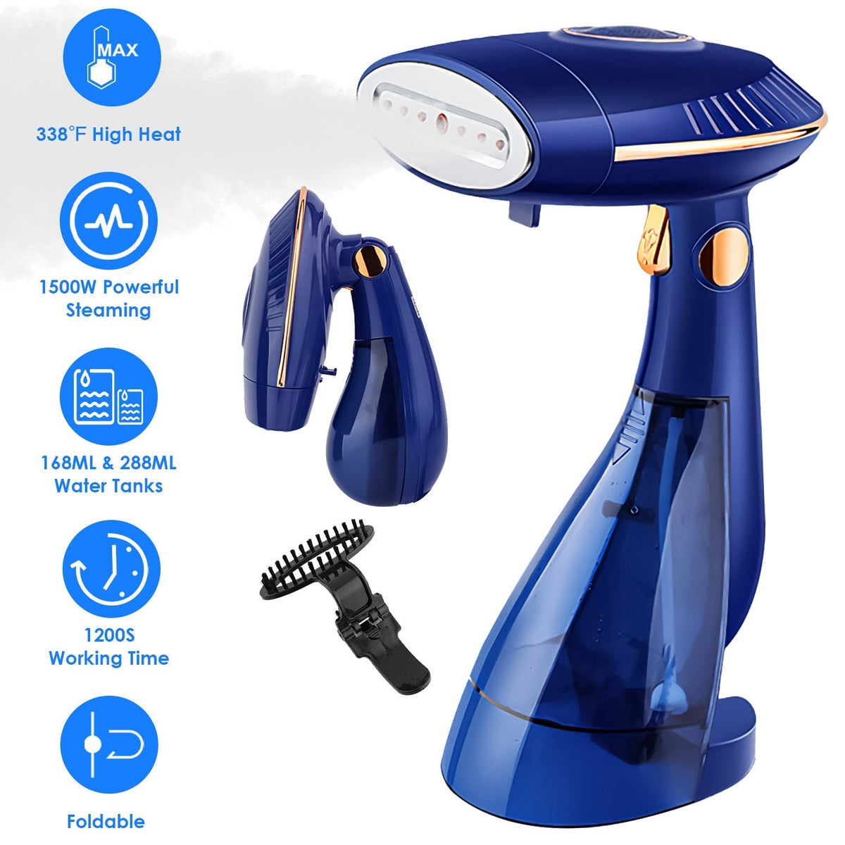 1500W 2 In 1 Foldable Garment Steamer Handheld Fabric Wrinkle Remover with 168ML & 288ML Water Tanks For Flat Hanging Ironing