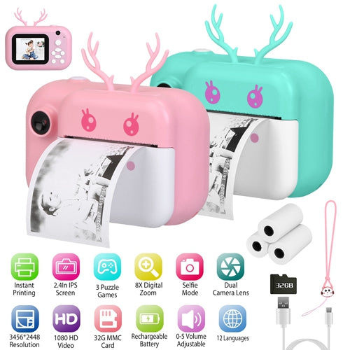Kids Instant Print Camera 2.4in Digital Zero Ink Selfie Camera 1080P HD Video Recorder Toddler Camera with Dual Lens 3 Roll Print Papers Cute Stickers