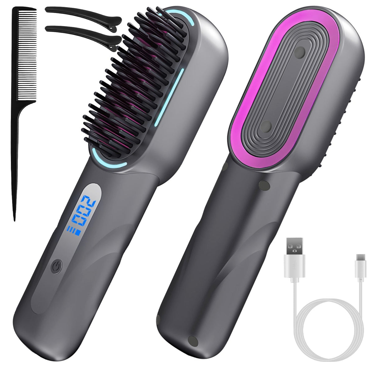 Cordless Hair Straightener Brush Rechargeable Mini Styling Comb with 4 Heating Levels Blue Light Sterilization Single press Stray Hair Removal 20Mins
