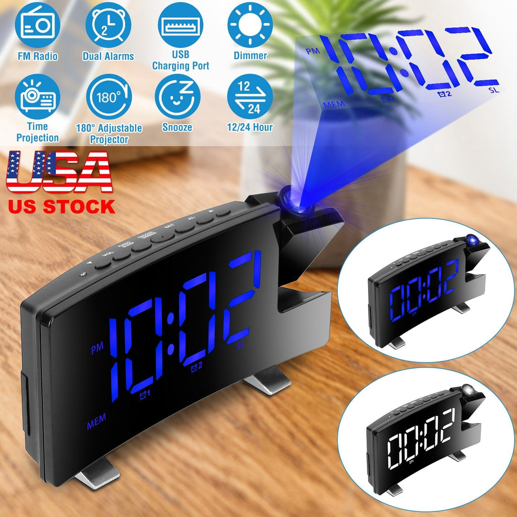 Projection Alarm Clock with Radio Function 7.7In Curved-Screen LED Digital Alarm Clock w/ Dual Alarms 4 Dimmer 12/24 Hour USB Charging Port 180¡ Rotat