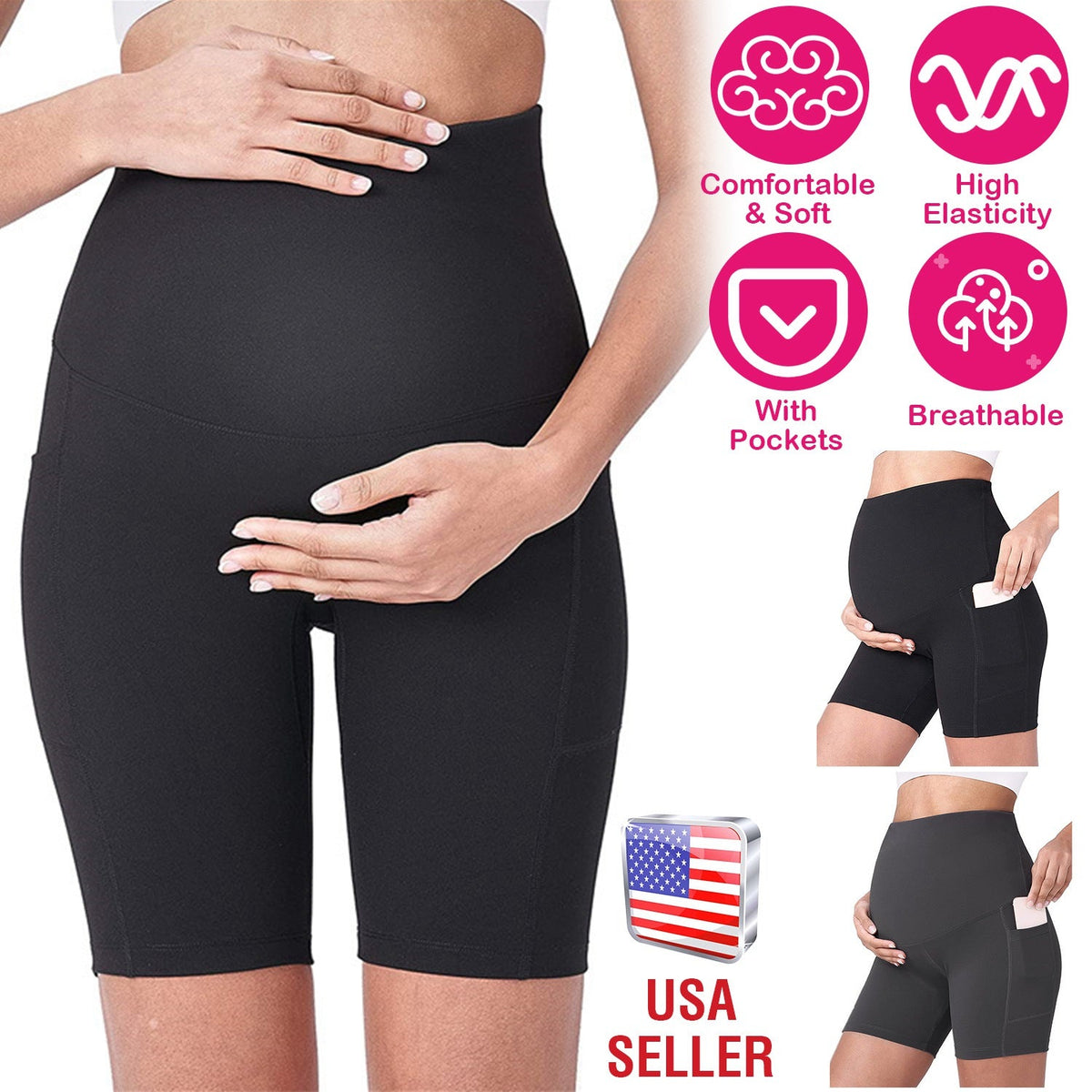Women Maternity Shorts Seamless Pregnancy Underwear Shapewear Fitness Yoga Running Shorts High Waist Over The Belly Pants with Two Side Pockets