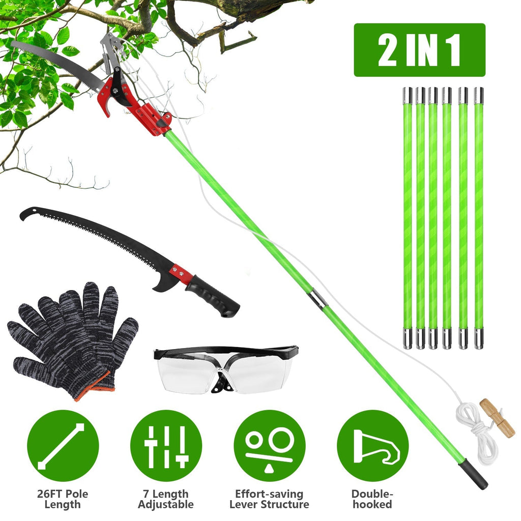 2 In 1 Extra Long Manual Pole Saw 8.23-28.25FT Extendable Tree Pruner for High Branches with Pruner Scissors 2 Double-hooked Saw Blades Goggles Gloves