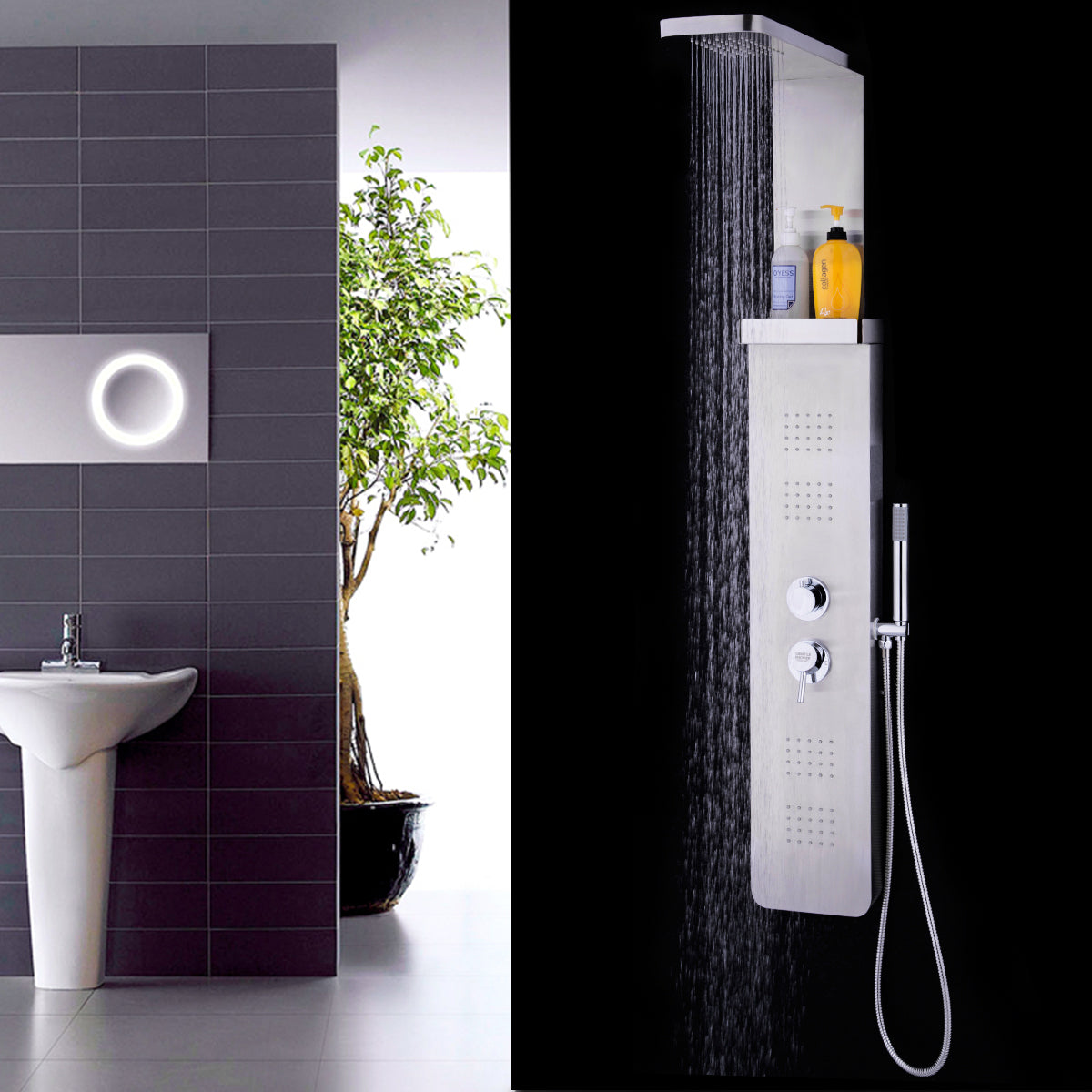 59” Stainless Steel Shower Panel with Massage Jets and Hand Shower