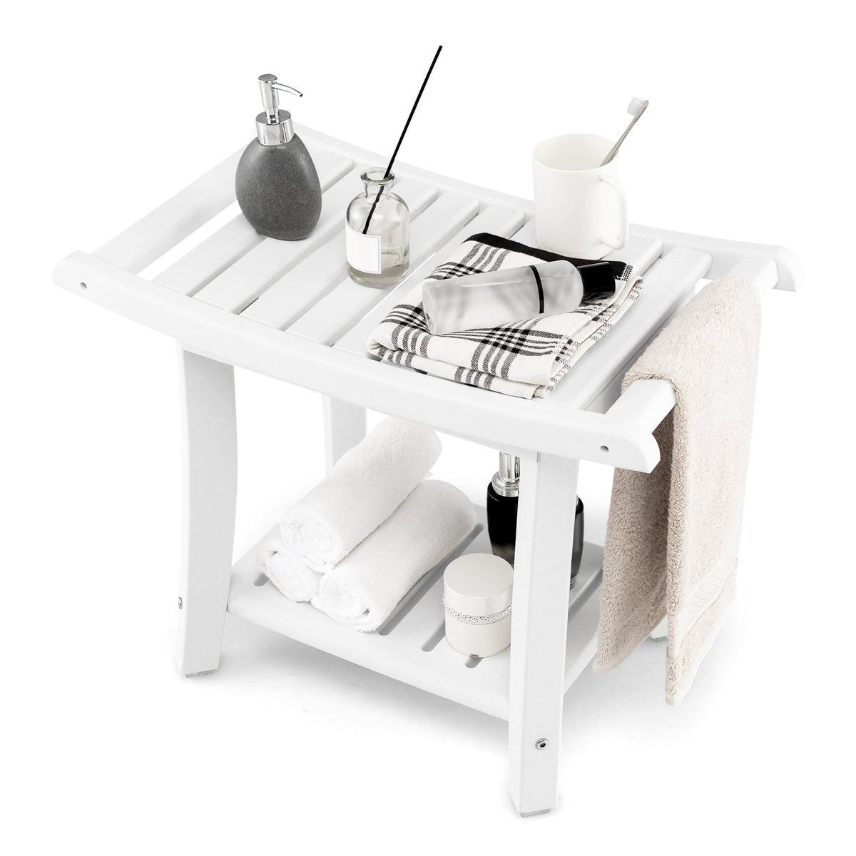 Waterproof Bath Stool with Curved Seat and Storage Shelf