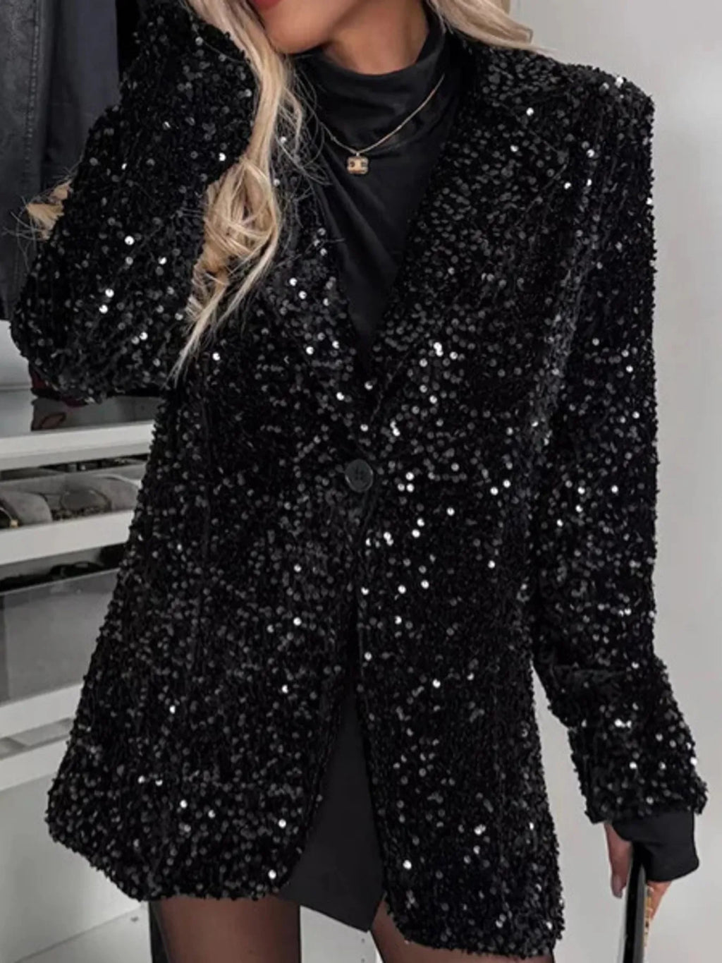 Sequin Lapel Collar Long Sleeve Blazer