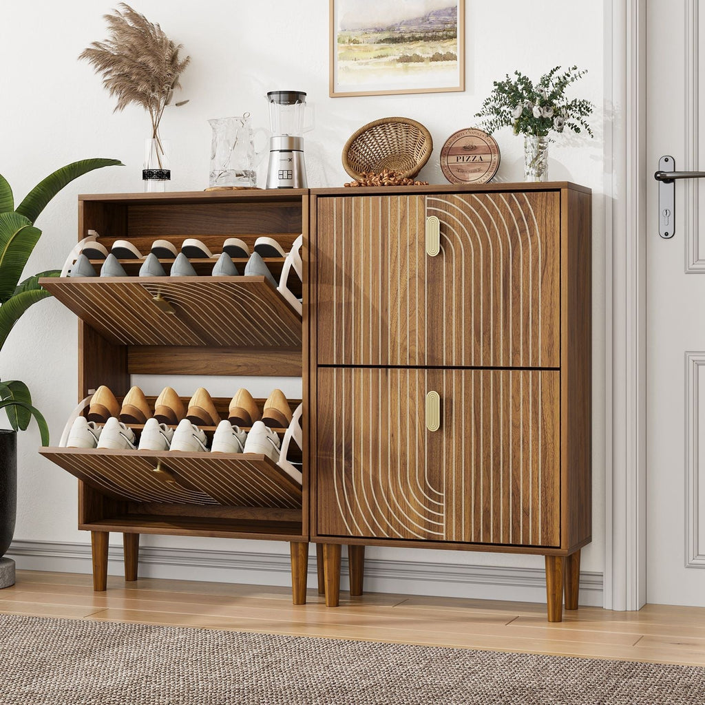 Slim Shoe Storage Cabinet with 2 Flip Drawers & Gold Handles