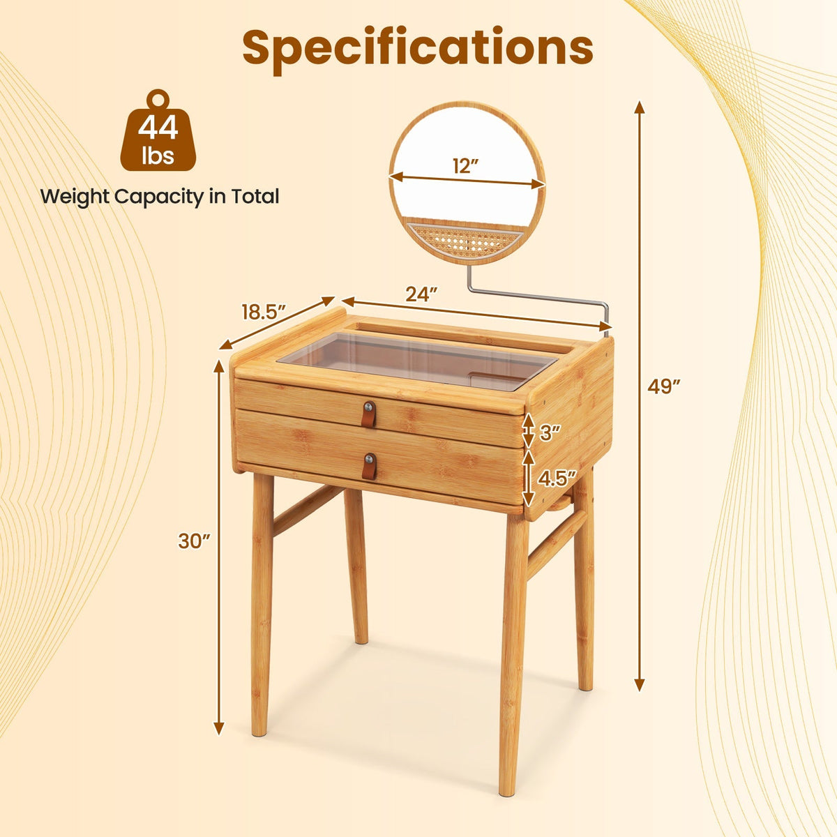 Bamboo Makeup Vanity Table with Stool and Rotating Mirror