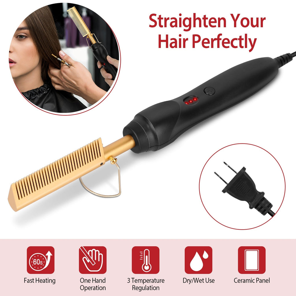 Electric Heating Hair Comb PTC Ceramic Hair Straightener Curler Brush Hair Straight Styler Wet Dry Use w/ 3 Temperature Adjustment