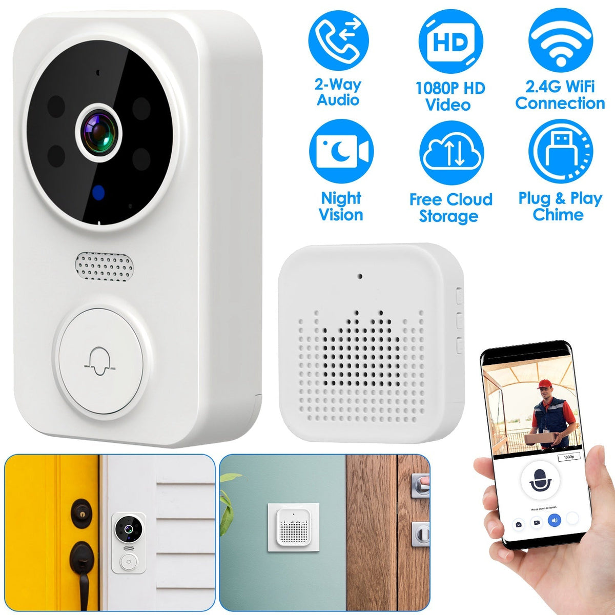 WiFi Security Doorbell Camera with Volume Adjustable Wireless Chime 1080P Camera Night Vision 2-Way Audio Free Cloud Storage