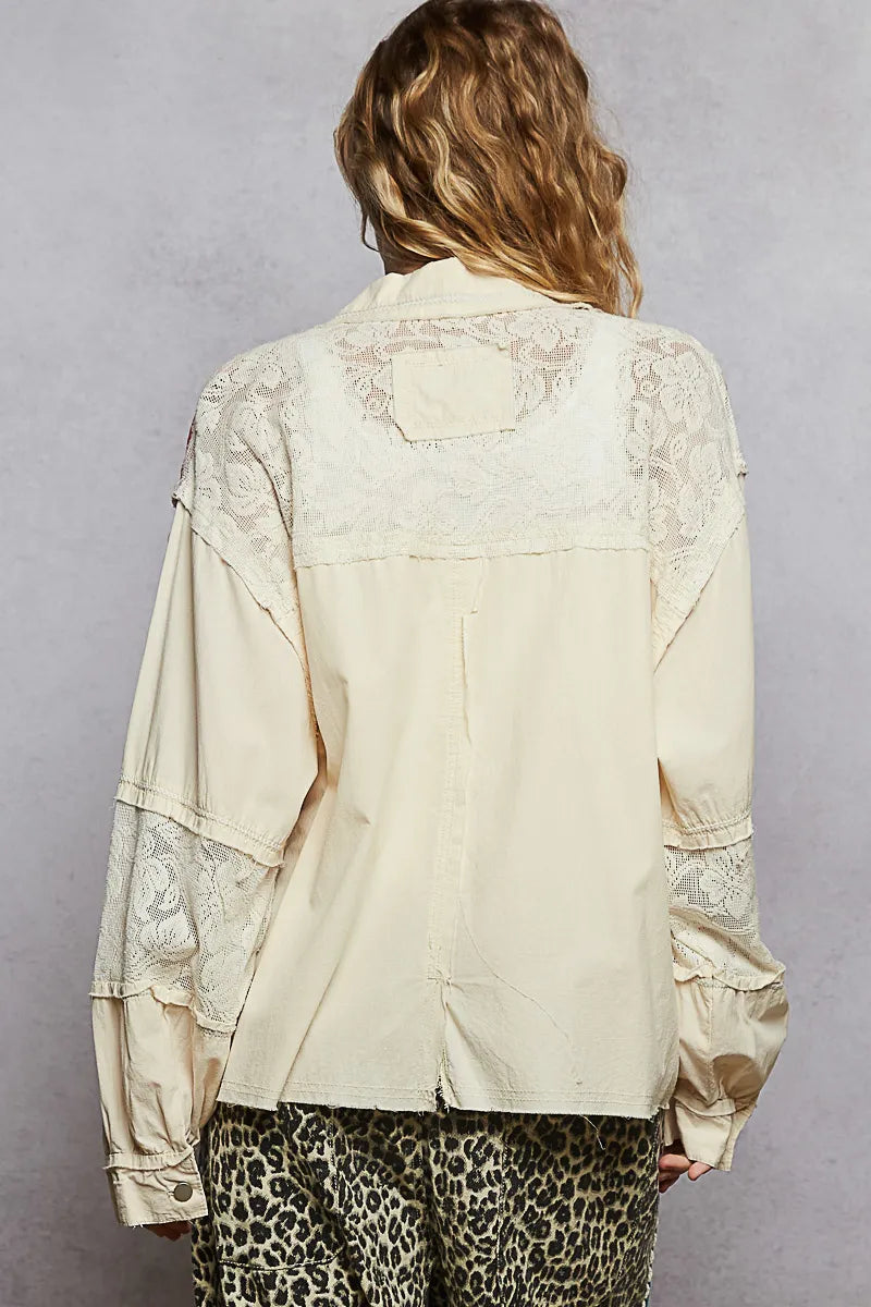 POL Printed Woven Mix Raw Hem Jacket with Lace Detail