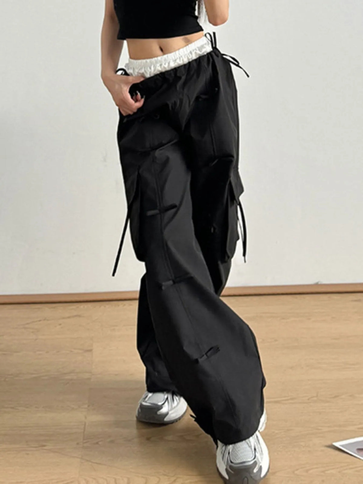 Bow Elastic Waist Cargo Pants