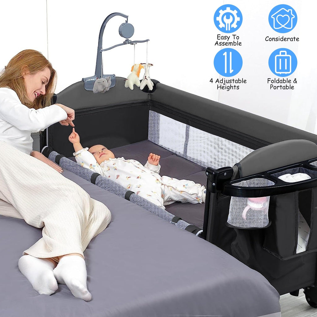 6 In 1 Foldable Baby Crib with Activity Center Diaper Changing Table Mosquito Net Mattress Music Box Toys Storage Tray Baby Bassinet Baby Sleeper