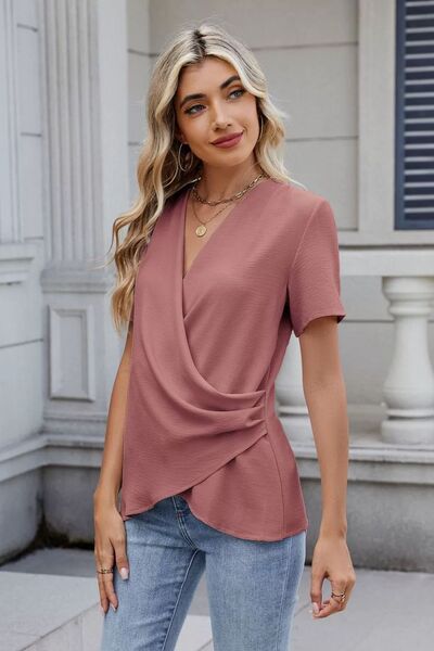 Solid Color Surplice Short Sleeve Blouse