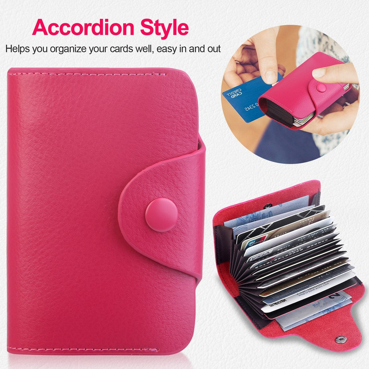 Credit Card Holder Wallet PU Leather Snap Closure Purse Accordion Case with 12 Pcs Card Slots