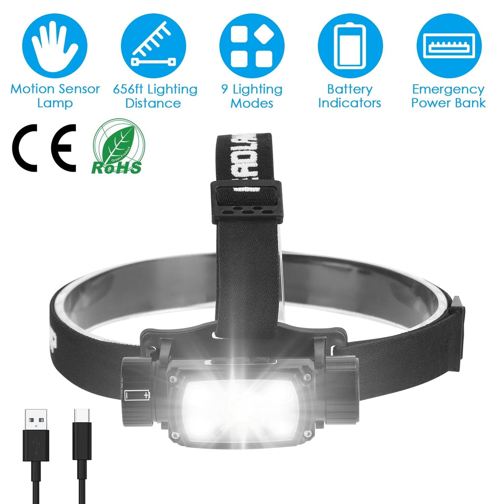 Rechargeable Motion Sensor Headlamp 9 Light Modes Hand Wave Headlight Phone Charging Torch Flashlight for Fishing Running Camping Hiking
