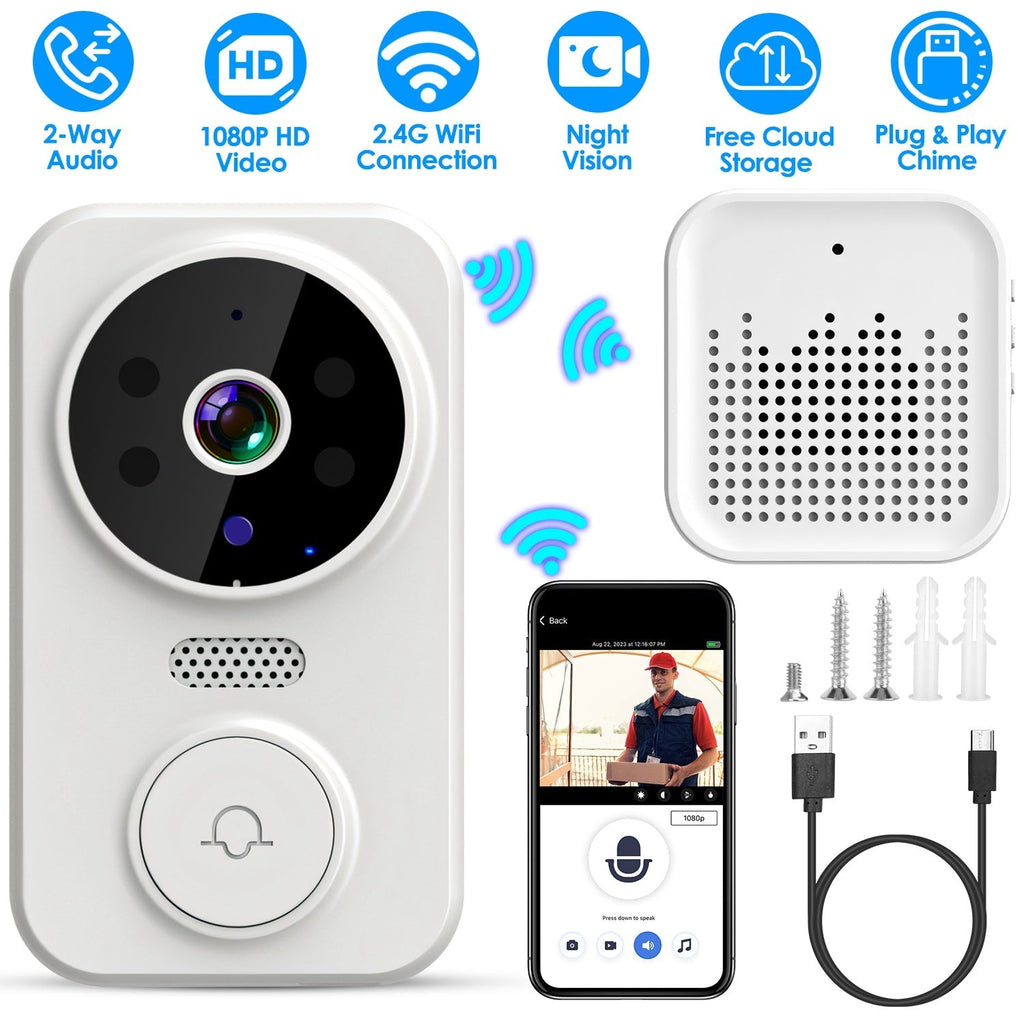 WiFi Security Doorbell Camera with Volume Adjustable Wireless Chime 1080P Camera Night Vision 2-Way Audio Free Cloud Storage