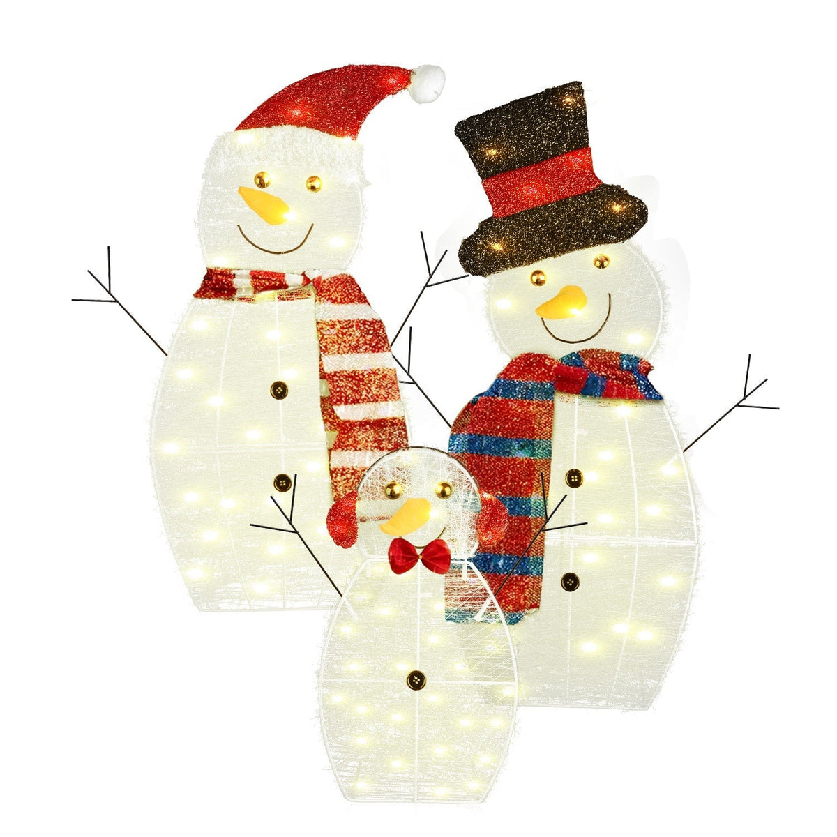 3Pcs 2D Christmas Snowman Yard Decoration Snowman Family Outdoor Decoration With 90Pcs LED Warm Yellow Lights 8 Lighting Modes IP44 Waterproof For Chr
