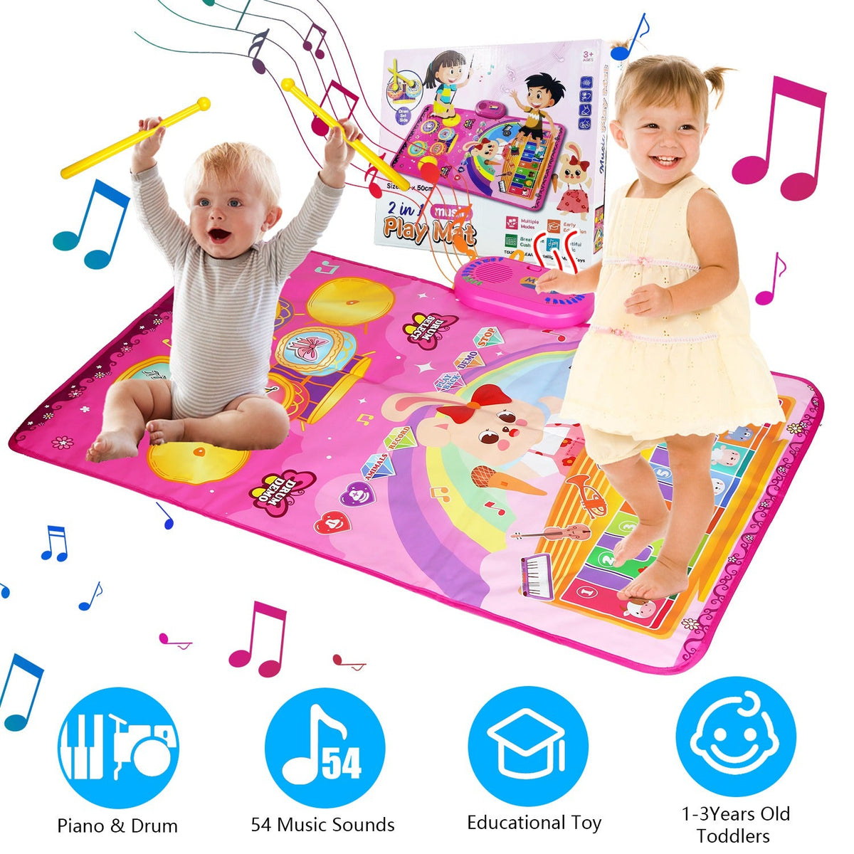 Baby Musical Mat With 55 Music Sounds Toddler Toys Floor Piano Keyboard Mat Drum Mat Carpet Educational Musical Learning Toy Infant Music Toy for 1 2