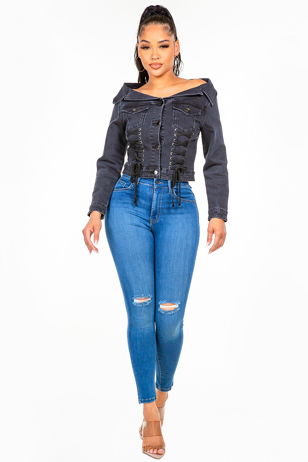 Women's Off-Shoulder Lace-Up Denim Jacket