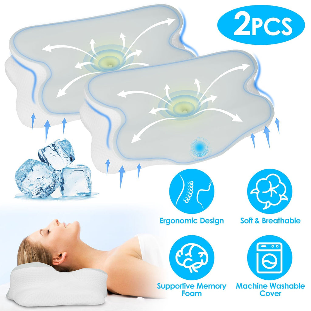 2 Pack Orthopedic Memory Foam Pillows with Cooling Case Neck Support Pillows with Machine Washable Case for Side Back Stomach Sleepers