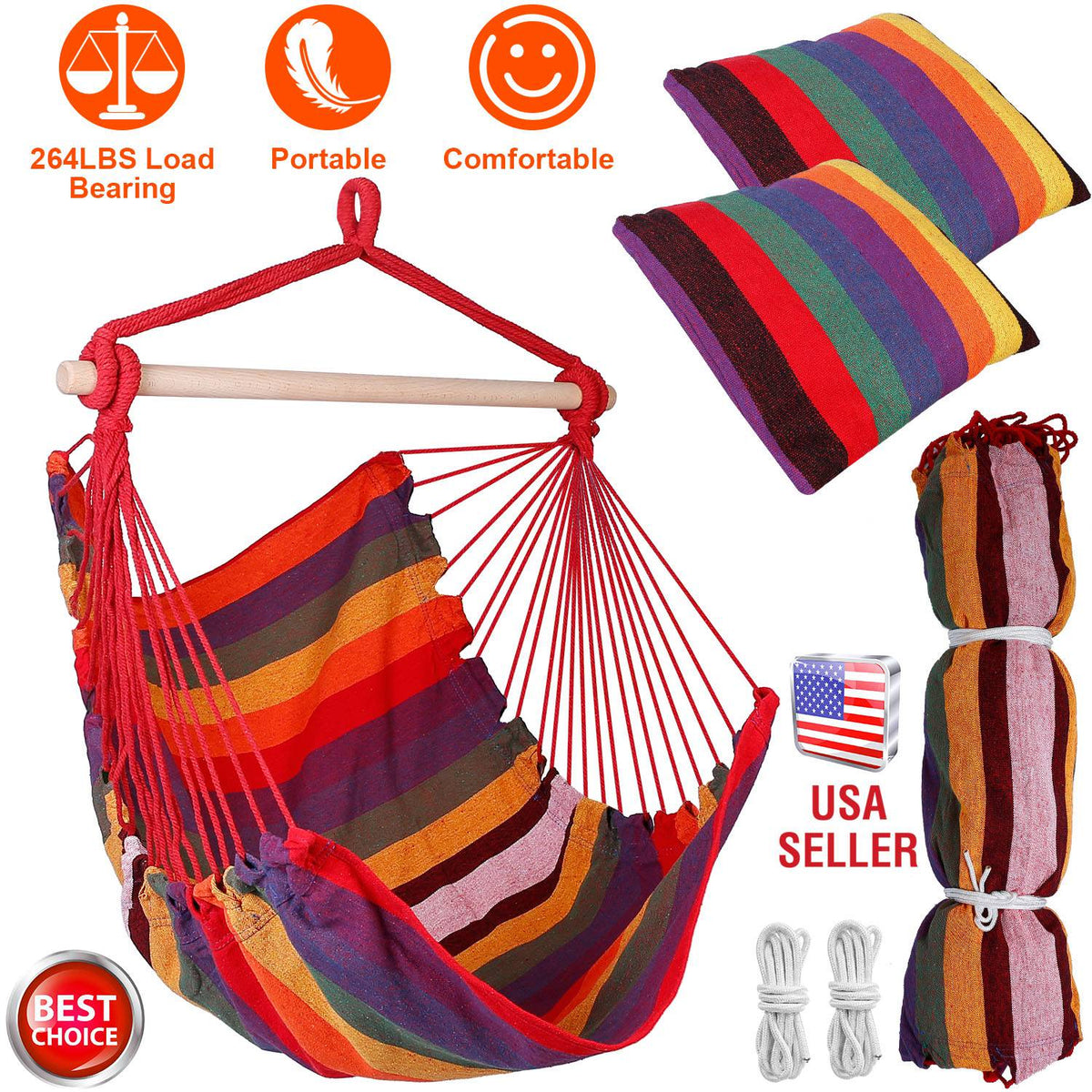 Hammock Hanging Chair Canvas Porch Patio Swing Seat Portable Camping Rope Seat Wooden Stick Hammock Chair with 2 Pillows 265LBS Load-bearing