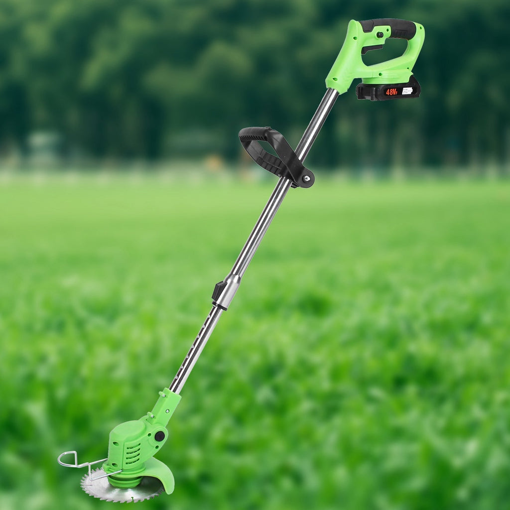 24V 300W Cordless Grass Trimmer Rechargeable Lawn Mower 18000M/Min Weed Cutter with Saw Blade 2 Stainless Steel Blades 10 Plastic Blades 2 Rechargeabl