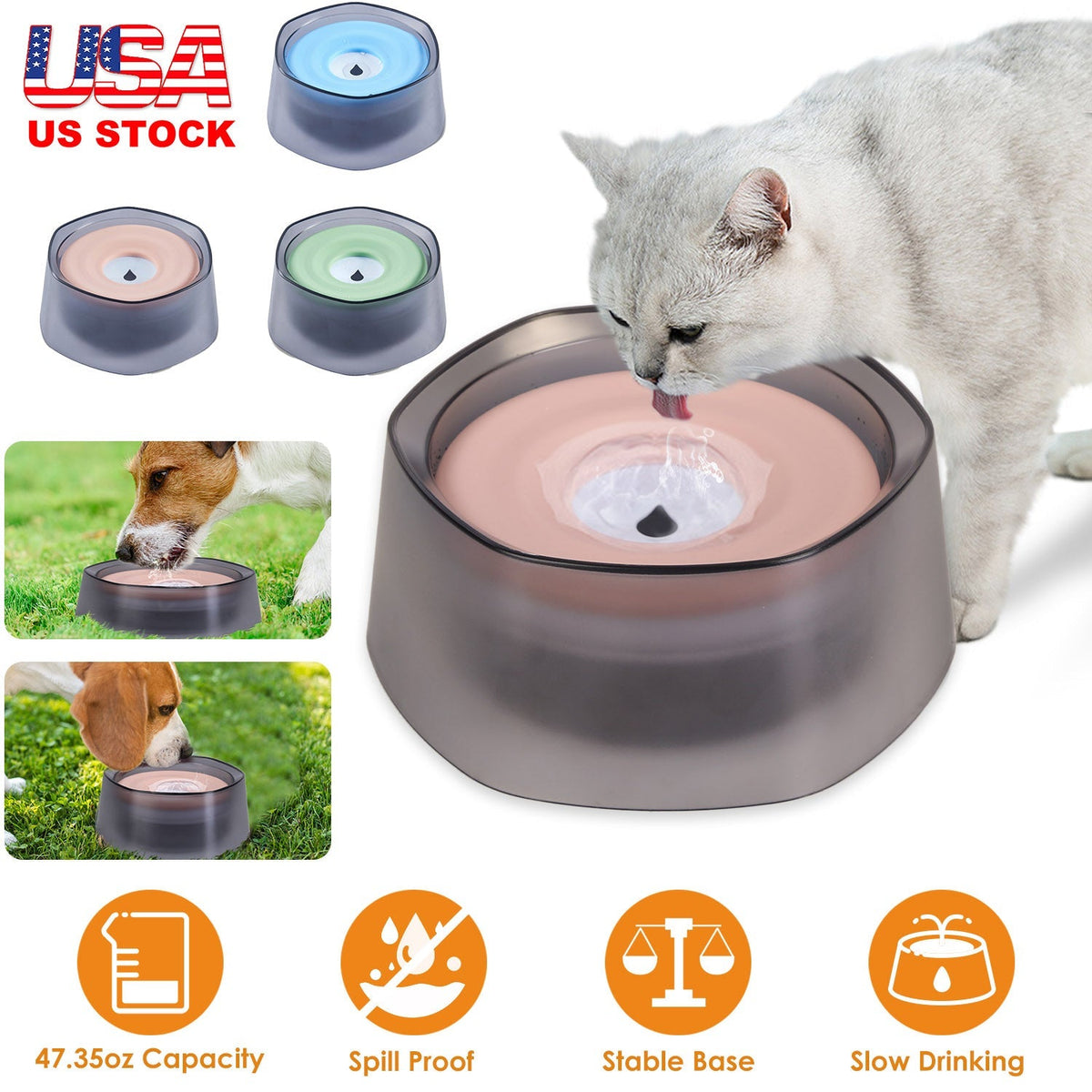No Spill Dog Cat Water Bowl Spill Proof Slow Water Feeder 47.35oz Pet Water Dispenser Travel Dog Bowl for Dogs/Cats/Pets