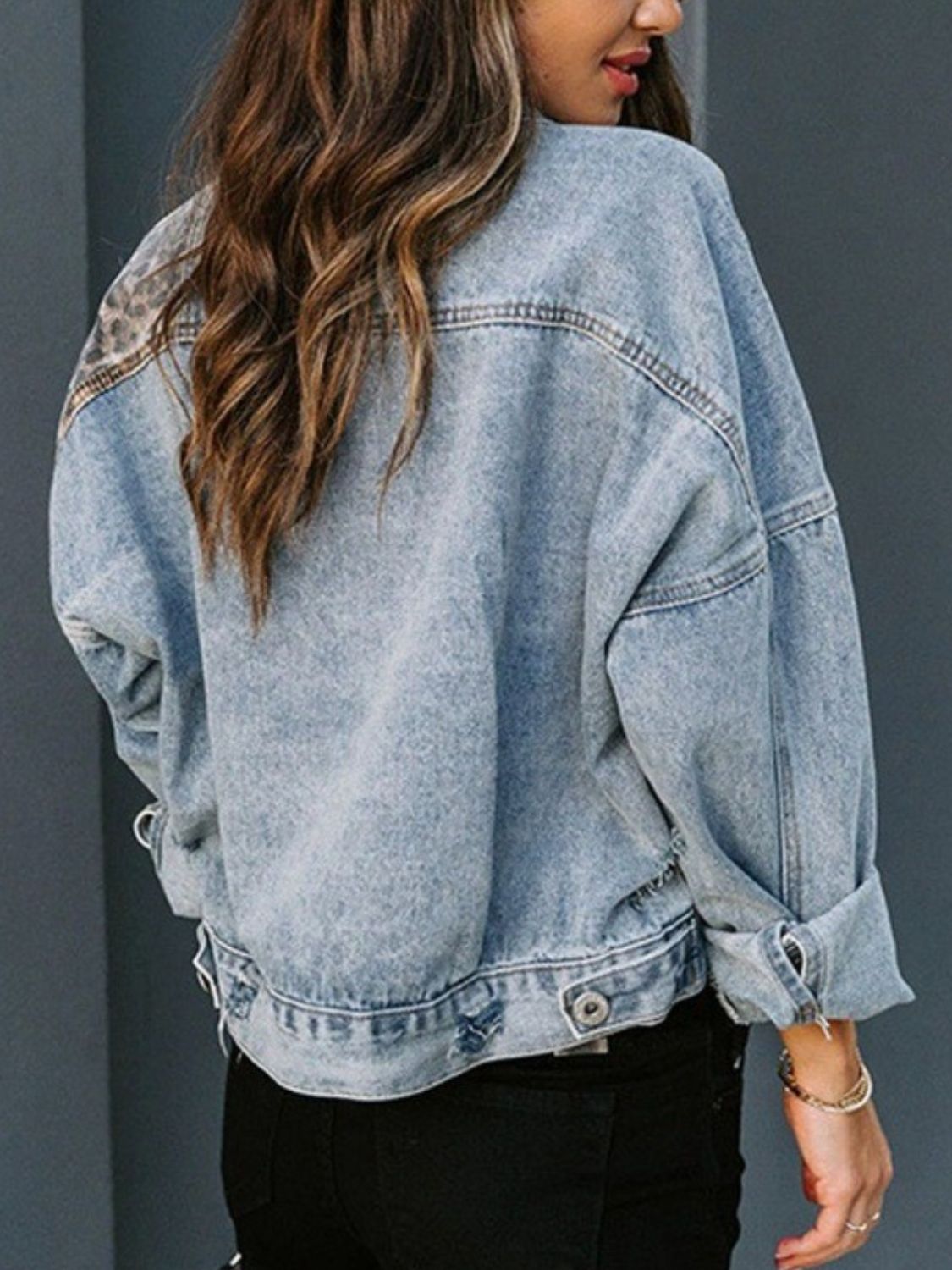 Distressed Leopard Drop Shoulder Denim Jacket